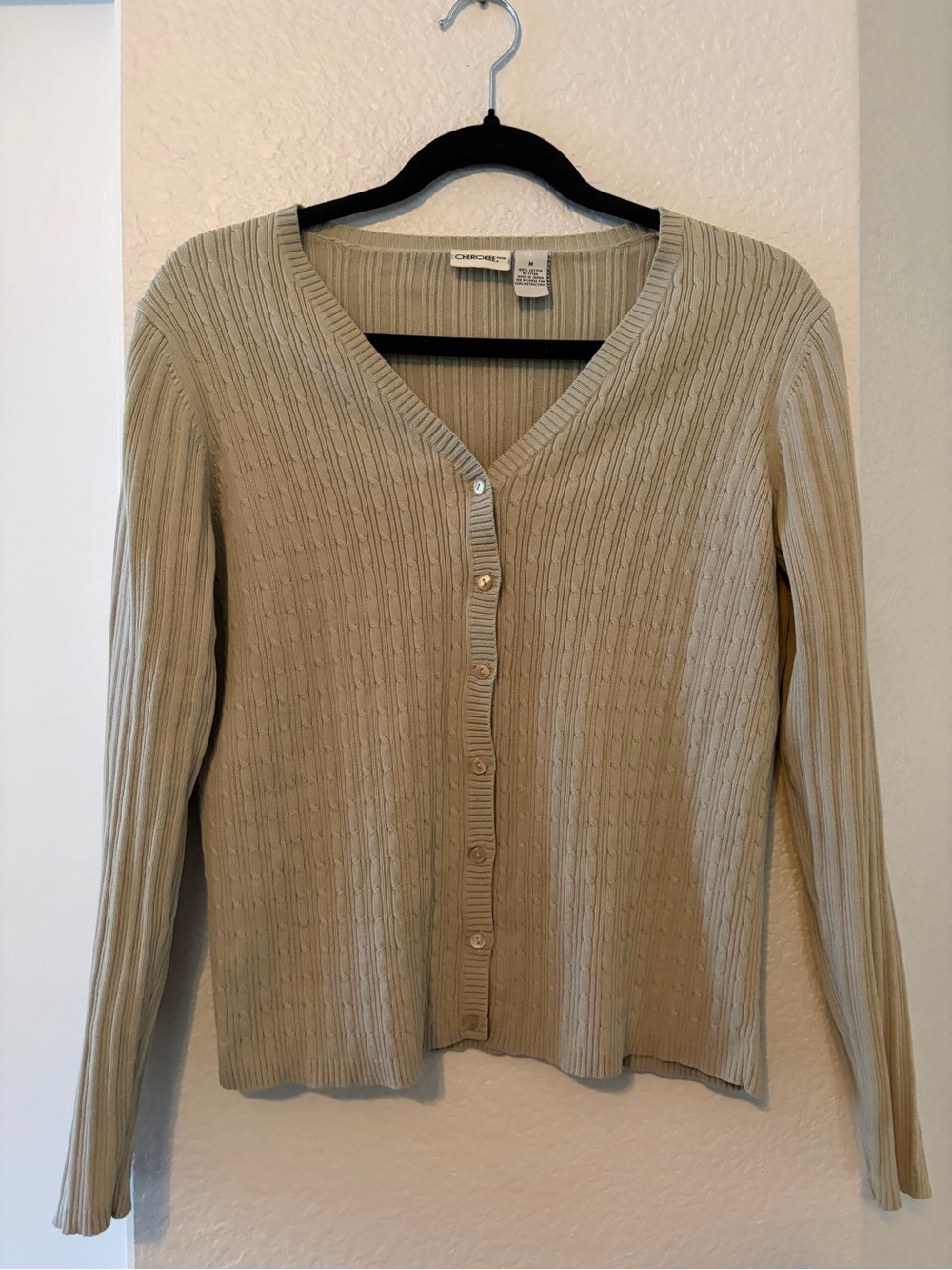Vintage Cherokee Pale Green Ribbed V‑Neck Button Cardigan